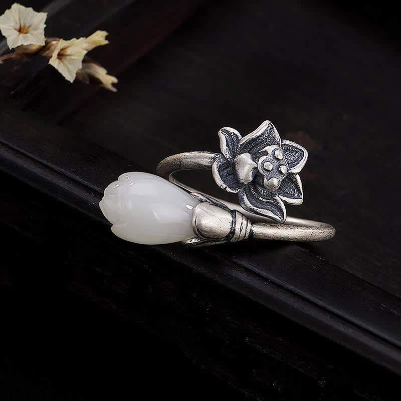 Buddha Stones Jade Lotus Copper Balance Healing Adjustable Ring - Copper - image 0