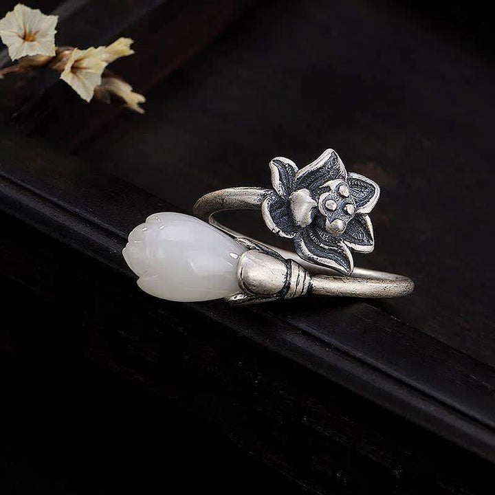 Buddha Stones Jade Lotus Copper Balance Healing Adjustable Ring - Copper - image 0