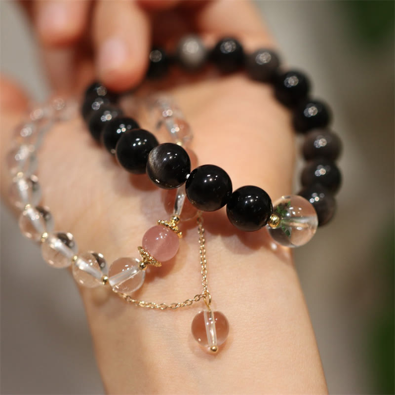 Buddha Stones Natural Silver Sheen Obsidian Pink Crystal White Crystal Protection Yin Yang Color Couple Bracelet - image 0