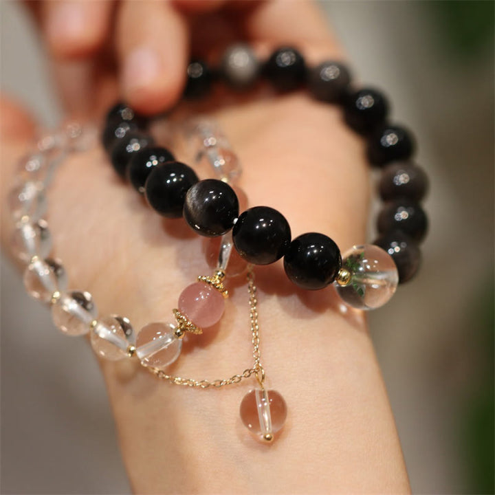 Buddha Stones Natural Silver Sheen Obsidian Pink Crystal White Crystal Protection Yin Yang Color Couple Bracelet - image 0
