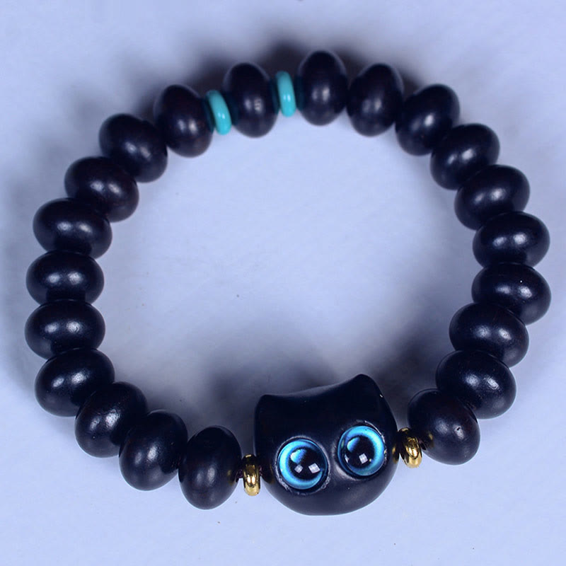 Buddha Stones Ebony Wood Liuli Glass Lovely Cat Peace Balance Bracelet - image 2