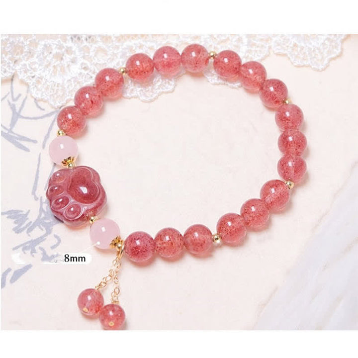 Buddha Stones Natural Strawberry Quartz Pink Crystal Lucky Cat Paw Love Bracelet - image 5