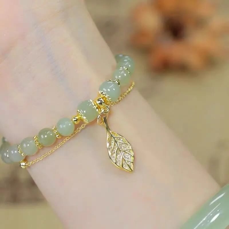 Buddha Stones Jade Leaf Ginkgo Tulip Peanut Fu Character Luck Beaded Bracelet - image 4
