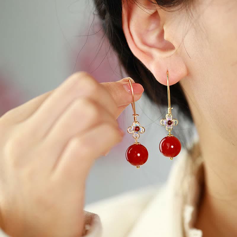 Buddha Stones 925 Sterling Silver Red Agate Flower Beaded Confidence Earrings - image 4