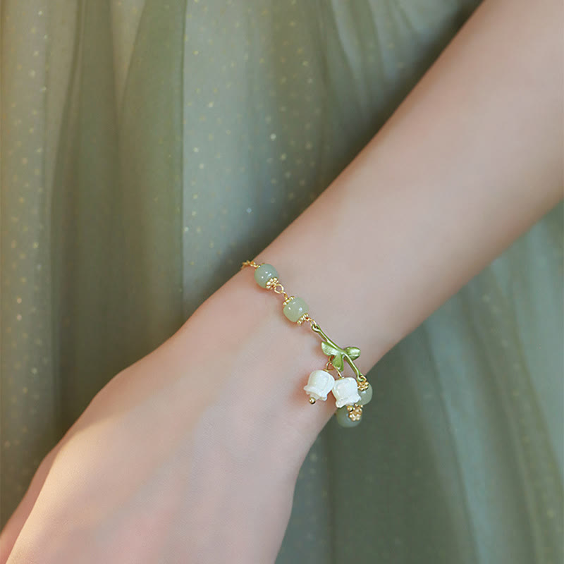 Buddha Stones Green Jade Bead Lily of the Valley Prosperity Chain Bracelet - image 3
