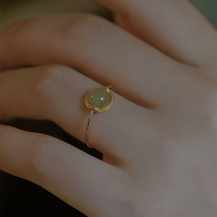 Buddha Stones 14K Gold Plated Round Jade Luck Prosperity Adjustable Ring - image 8