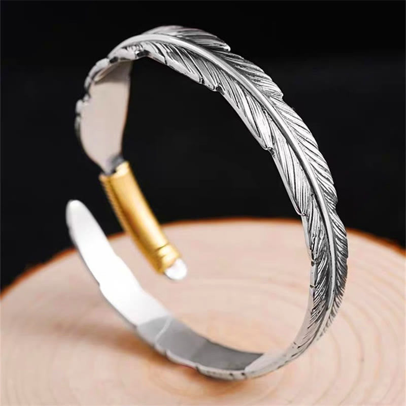 Buddha Stones Feather Pattern Engraved Luck Cuff Bracelet Bangle - image 1