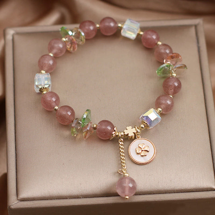 Buddha Stones Strawberry Quartz Lucky Four Leaf Clover Healing Charm Bracelet - image 6