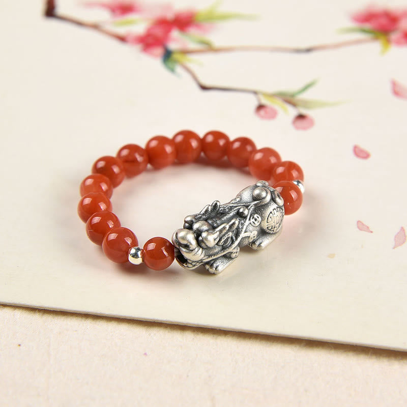 Buddha Stones 925 Sterling Silver Natural Garnet Moonstone Red Agate PiXiu Wealth Ring - Red Agate PiXiu - image 8