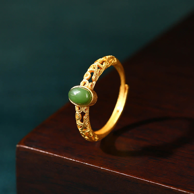 Buddha Stones Auspicious Cloud Pattern Cyan Jade Luck Adjustable Ring - Cyan Jade(Success♥Healing) - image 0
