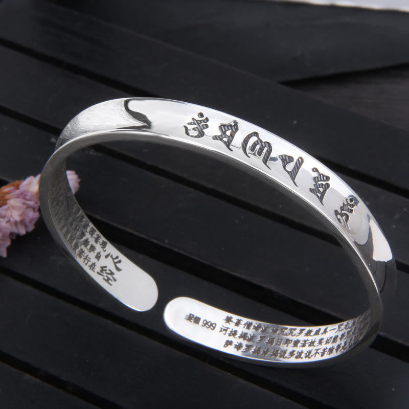 Buddha Stones 999 Sterling Silver Om Mani Padme Hum Heart Sutra Love Peace Bracelet Bangle - image 2