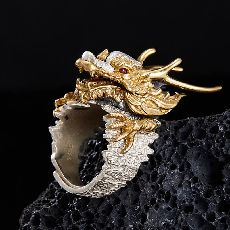 Buddha Stones 925 Sterling Silver Dragon Luck Success Protection Adjustable Ring Pendant - image 2