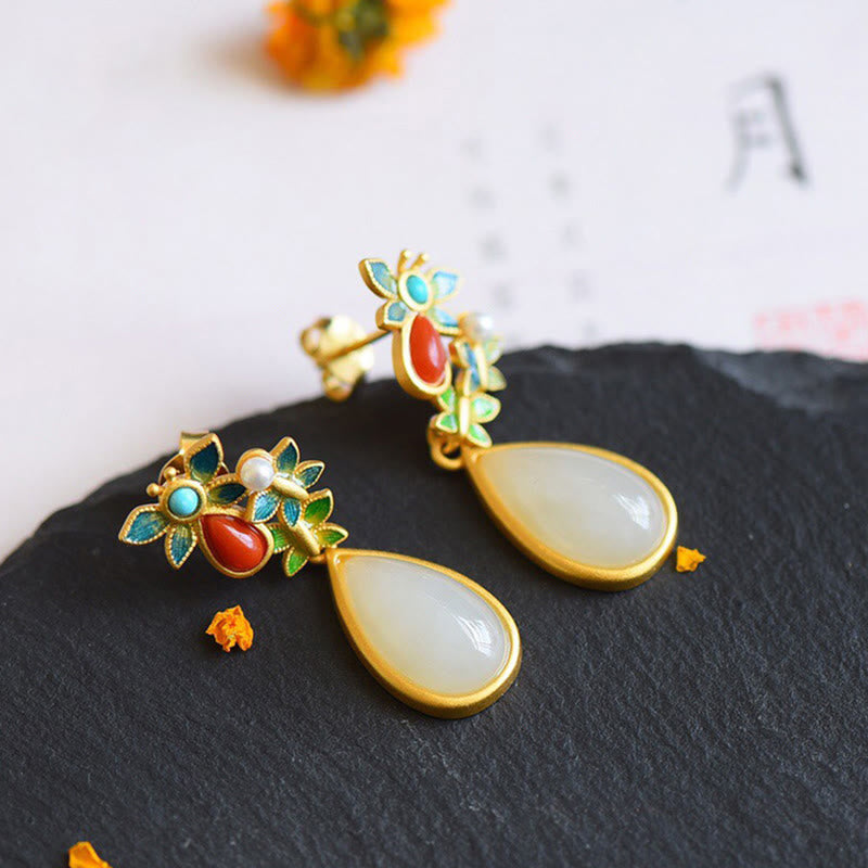 Buddha Stones Water Drop White Jade Red Agate Butterfly Protection Drop Dangle Earrings - image 2
