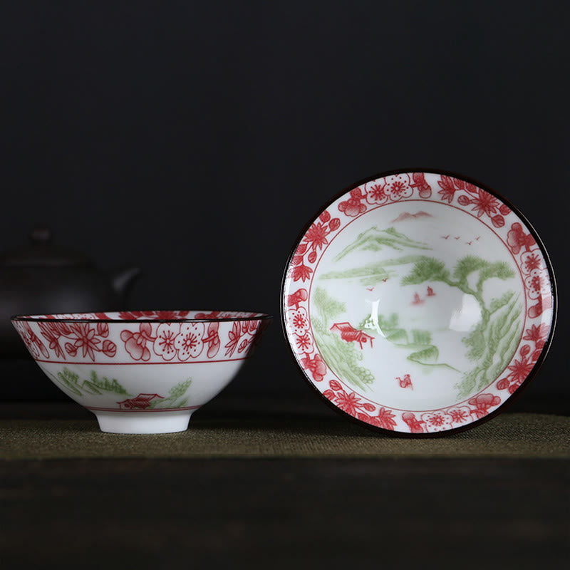 Buddha Stones Flowers Fu Character Mountains Lotus Cherry Blossoms Ceramic Teacup Kung Fu Tea Cup - Red Peach Flowers Green Mountain Pine Tree 8.5cm*4cm*90ml - image 22