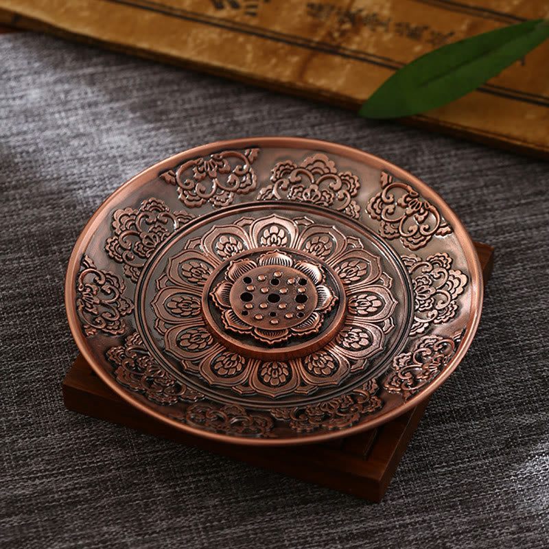 Buddha Stones Lotus Dragon Phoenix Eight Auspicious Symbols Zinc Alloy Incense Stick Holder Healing Incense Burner Decoration - Auspicious Lotus Brown(With Nine Incense Stick Hole) - image 6