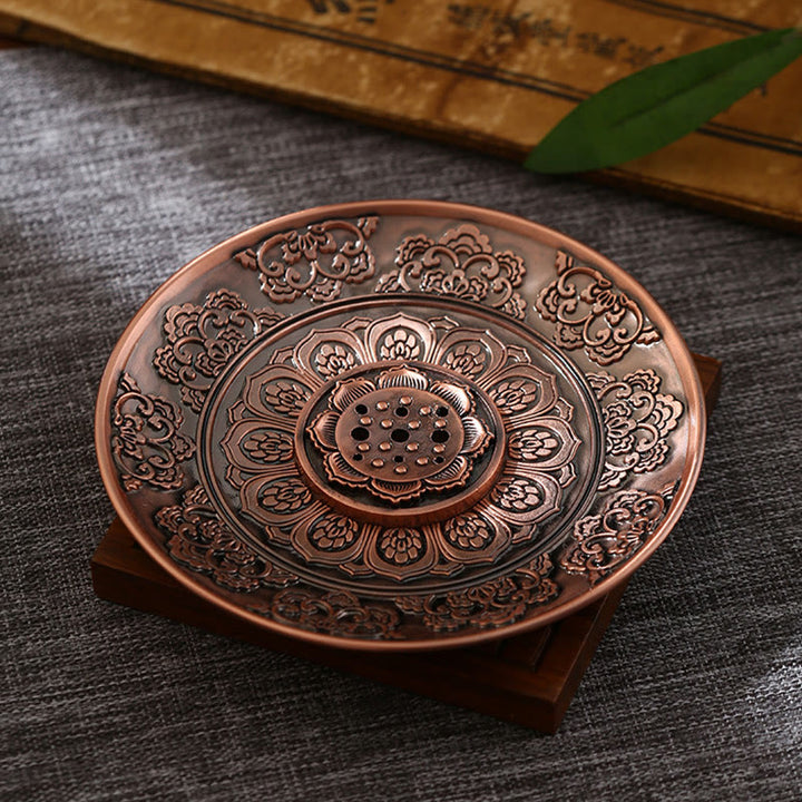 Buddha Stones Lotus Dragon Phoenix Eight Auspicious Symbols Zinc Alloy Incense Stick Holder Healing Incense Burner Decoration - Auspicious Lotus Brown(With Nine Incense Stick Hole) - image 6