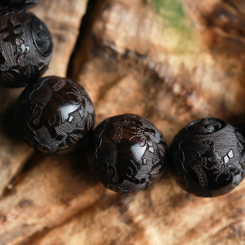 Buddha Stones Ebony Wood Chinese Character Yin Yang Engraved Gourd Balance Bracelet - image 4