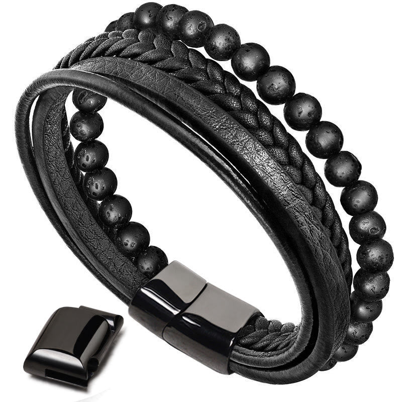 Buddha Stones Natural Lava Rock Black Onyx Bead Leather Bracelet - image 0