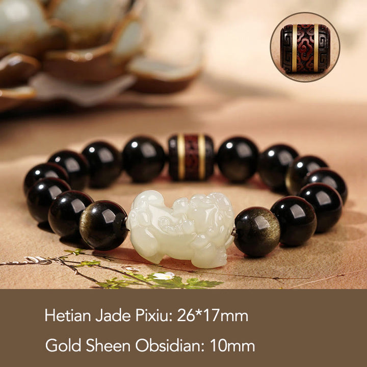 Buddha Stones Natural Gold Sheen Obsidian Hetian Cyan Jade White Jade PiXiu Wealth Bracelet - Gold Sheen Obsidian White Jade Pixiu 10mm(Women) - image 6