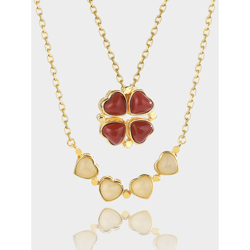 Buddha Stones 925 Sterling Silver Four Leaf Clover White Jade Red Agate Abundance Necklace Pendant - image 9