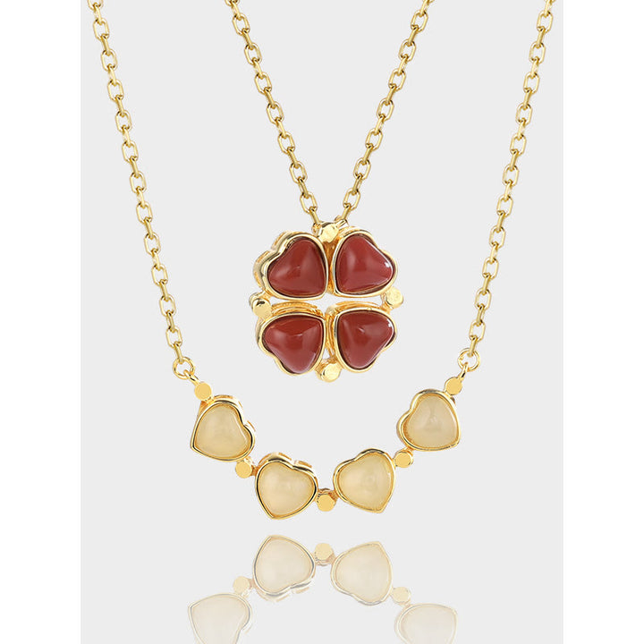 Buddha Stones 925 Sterling Silver Four Leaf Clover White Jade Red Agate Abundance Necklace Pendant - image 9
