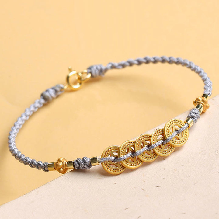 Buddha Stones Copper Coin Fortune Tree Pearl Luck Blue Rope Braided Bracelet - image 2