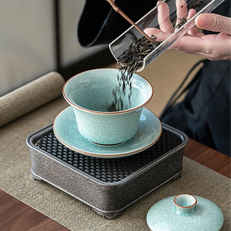 Buddha Stones Retro Green Ice Glaze Ceramic Gaiwan Sancai Teacup Kung Fu Tea Cup And Saucer With Lid - image 12