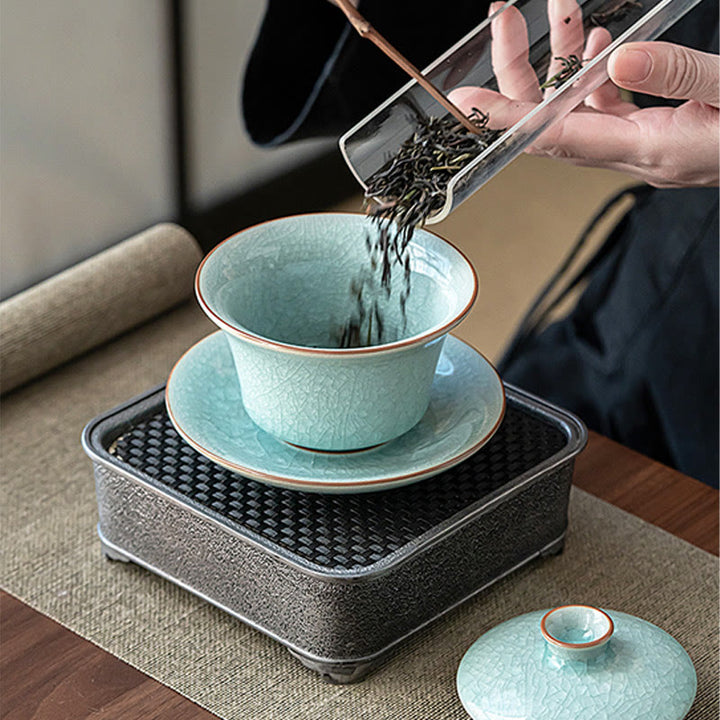 Buddha Stones Retro Green Ice Glaze Ceramic Gaiwan Sancai Teacup Kung Fu Tea Cup And Saucer With Lid - image 12