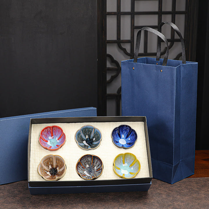 Buddha Stones 6Pcs Plum Blossom Petal Pattern Chinese Jianzhan Kiln Change Ceramic Teacup Kung Fu Tea Cup Bowl With Gift Box - 6pcs Plum Blossom Cup 8cm*5.2cm*90ml(With Blue Gift Box) - image 5