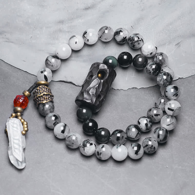 Buddha Stones Black Rutilated Quartz Ebony Wood White Crystal Success Couple Bracelet - image 6