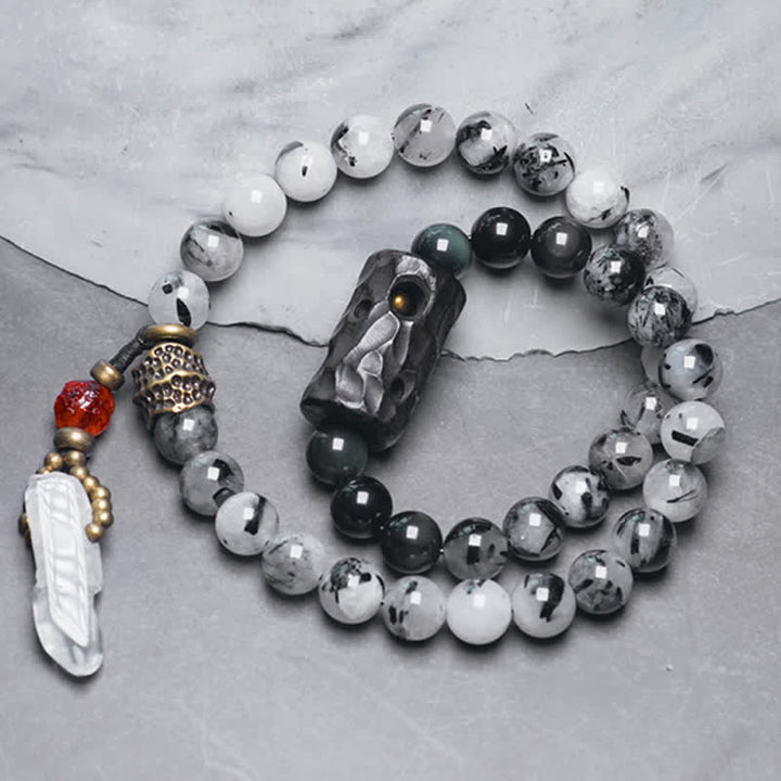 Buddha Stones Black Rutilated Quartz Ebony Wood White Crystal Success Couple Bracelet - image 6