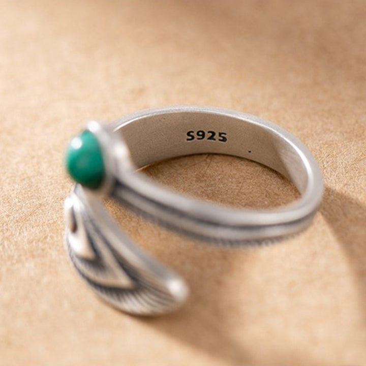 Buddha Stones 925 Sterling Silver Malachite Bead Feather Protection Ring - image 6