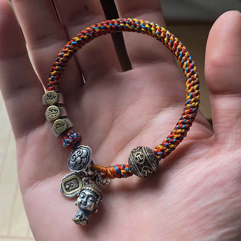 Buddha Stones Handmade Tibetan 925 Sterling Silver Chinese Zodiac Natal Buddha Zakiram Goddess of Wealth Protection Multicolored Rope Braided Bracelet - image 22