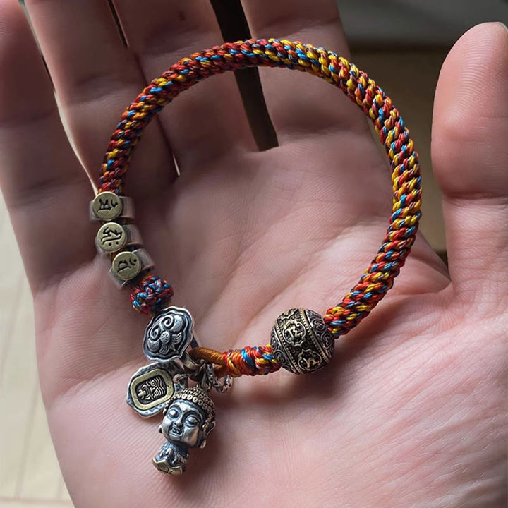 Buddha Stones Handmade Tibetan 925 Sterling Silver Chinese Zodiac Natal Buddha Zakiram Goddess of Wealth Protection Multicolored Rope Braided Bracelet - image 22