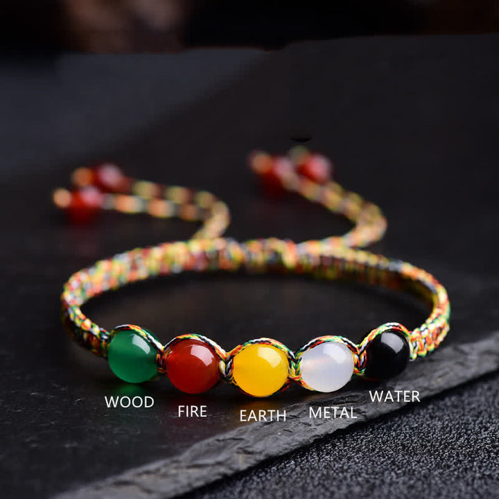 Buddha Stones Colorful Agate Metal Wood Water Fire Earth Five Elements String Bracelet - image 2