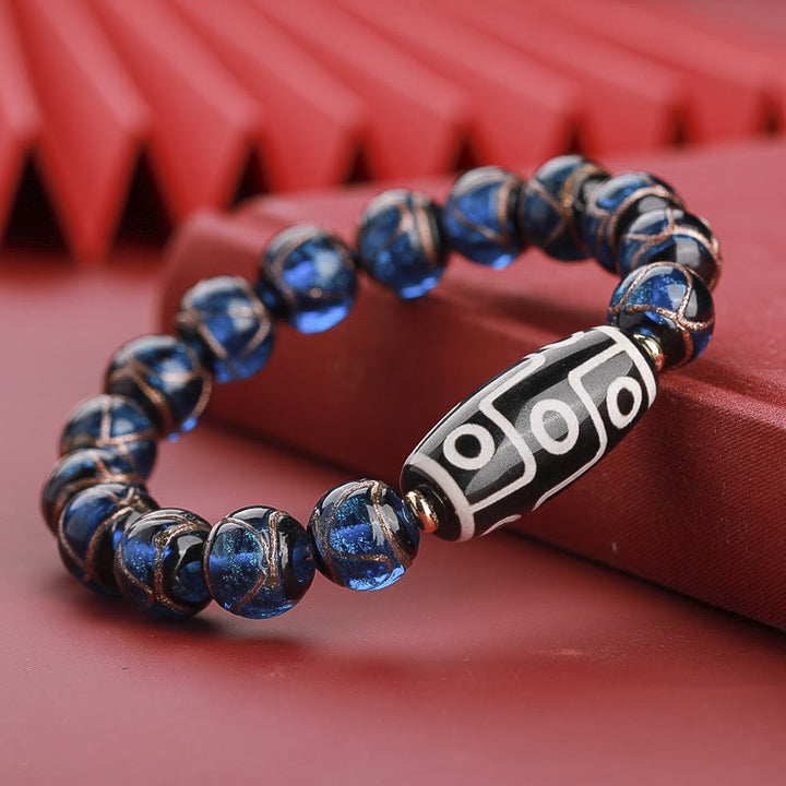 Buddha Stones Tibetan Nine-Eye Dzi Bead Three-eyed Dzi Bead Liuli Glass Bead Wealth Bracelet - Nine-Eye Dzi Bead - Blue Liuli Glass Bead - 14mm - image 3