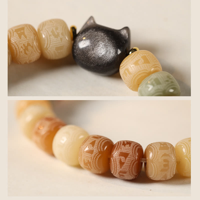Buddha Stones Bodhi Seed Silver Sheen Obsidian Cat Head Om Mani Padme Hum Engraved Harmony Bracelet - image 3