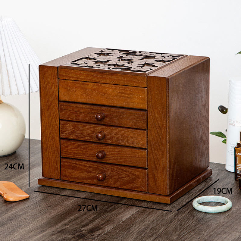 Buddha Stones Vintage Large Capacity Wooden Jewelry Box Jewelry Storage Box With Mirror - Five Layers Dark Color 27*19*24cm - image 18