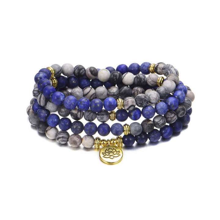 Buddha Stones Lazurite Picasso Jasper Amazonite Rhodonite Apatite Positive Lotus Prayer Bead Bracelet - image 4