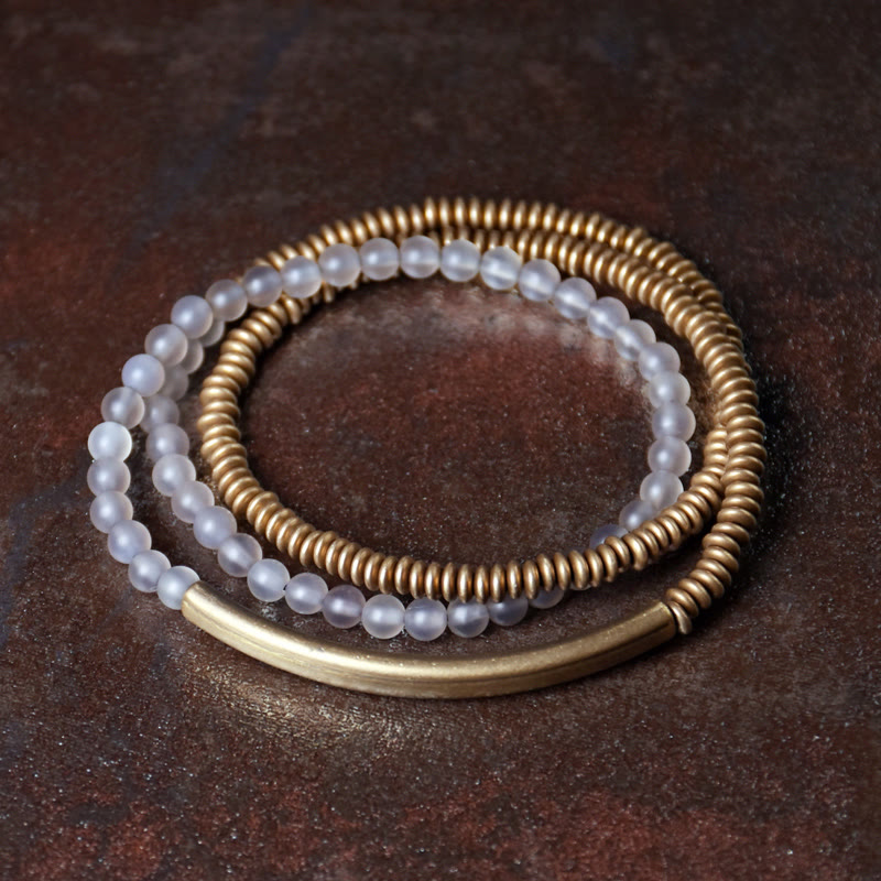 Buddha Stones Tibetan Various Agate Stone Copper Protection Triple Wrap Bracelet - 18cm - White Agate - image 14