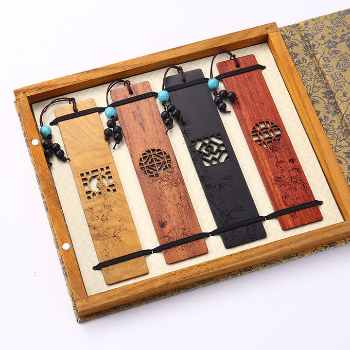 Buddha Stones 4Pcs Four Seasons Plum Orchid Bamboo Chrysanthemum Peking Opera Mask Wood Bookmarks With Gift Box - 4Pcs Plum Orchid Bamboo Chrysanthemum Window - image 17