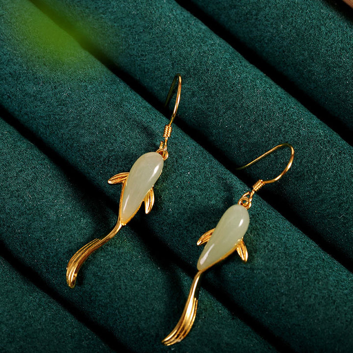 Fish Pattern Jade Luck Dangle Drop Earrings - Jade - image 0