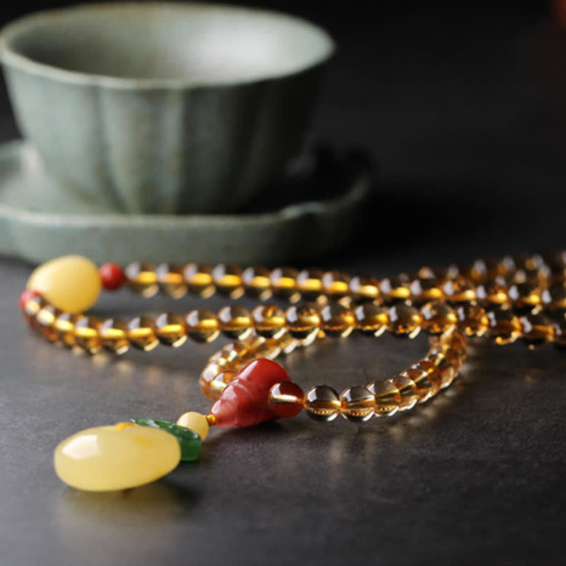 108 Mala Beads Natural Citrine Amber Peace Buckle Red Agate PiXiu Protection Charm Bracelet - image 13