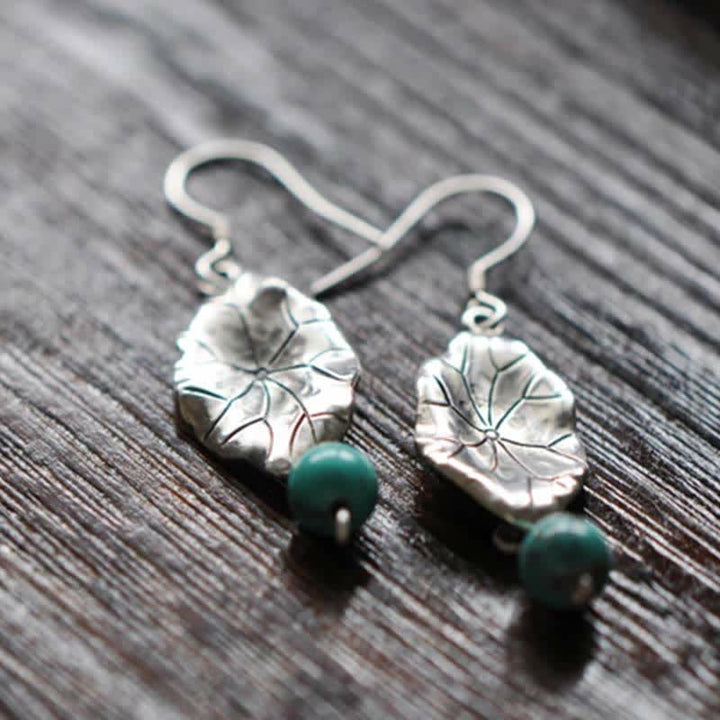 Buddha Stones 925 Sterling Silver Turquoise Lotus Leaf Protection Drop Dangle Earrings - image 8