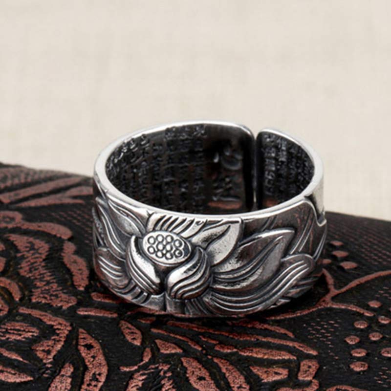 Buddha Stones 999 Sterling Silver Lotus Symbol Heart Sutra Protection Ring - image 3