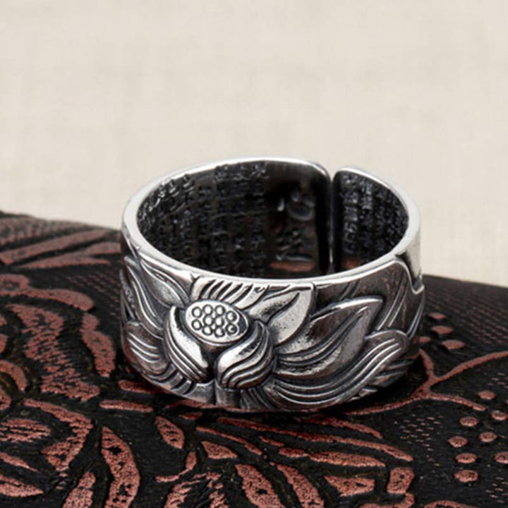 Buddha Stones 999 Sterling Silver Lotus Symbol Heart Sutra Protection Ring - image 3