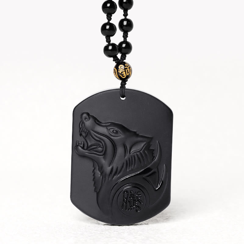 Buddha Stones Black Obsidian Stone Wolf Purification Pendant Necklace - image 0