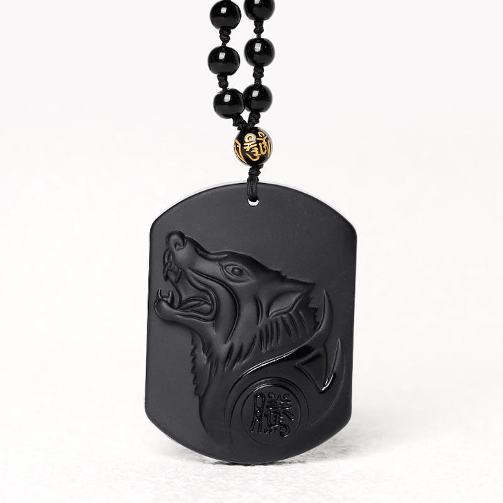 Buddha Stones Black Obsidian Stone Wolf Purification Pendant Necklace - image 0