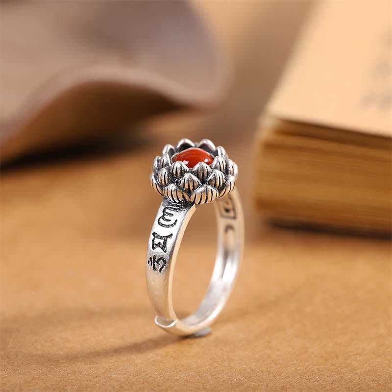 Buddha Stones925 Sterling Silver Lotus Red Agate Confidence Blessing Ring - Red Agate(Confidence♥Calm) - image 0