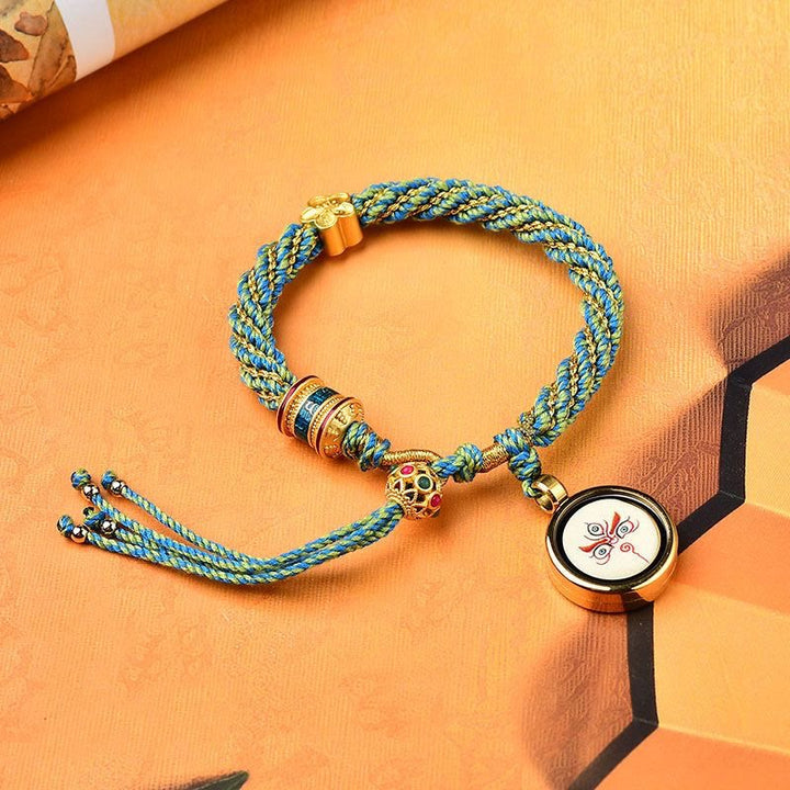 Buddha Stones Tibet Handmade Five God Of Wealth Luck Thangka Amulet Prayer Wheel Flower Charm Weave String Bracelet - Green Blue Yellow(Wrist Circumference 14-19cm) - image 3